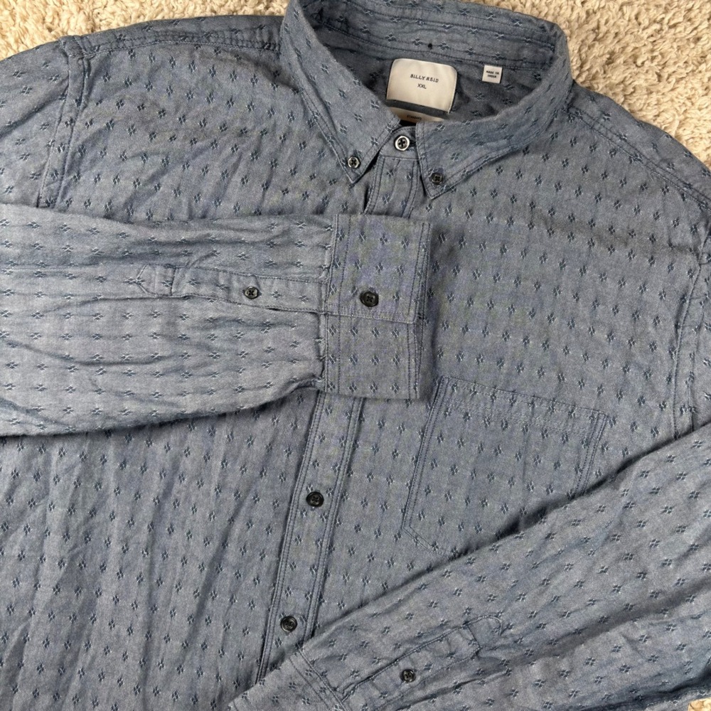 Billy Reid Men XXL Blue Geometric Dobby Jacquard Cotton Button Down Shirt